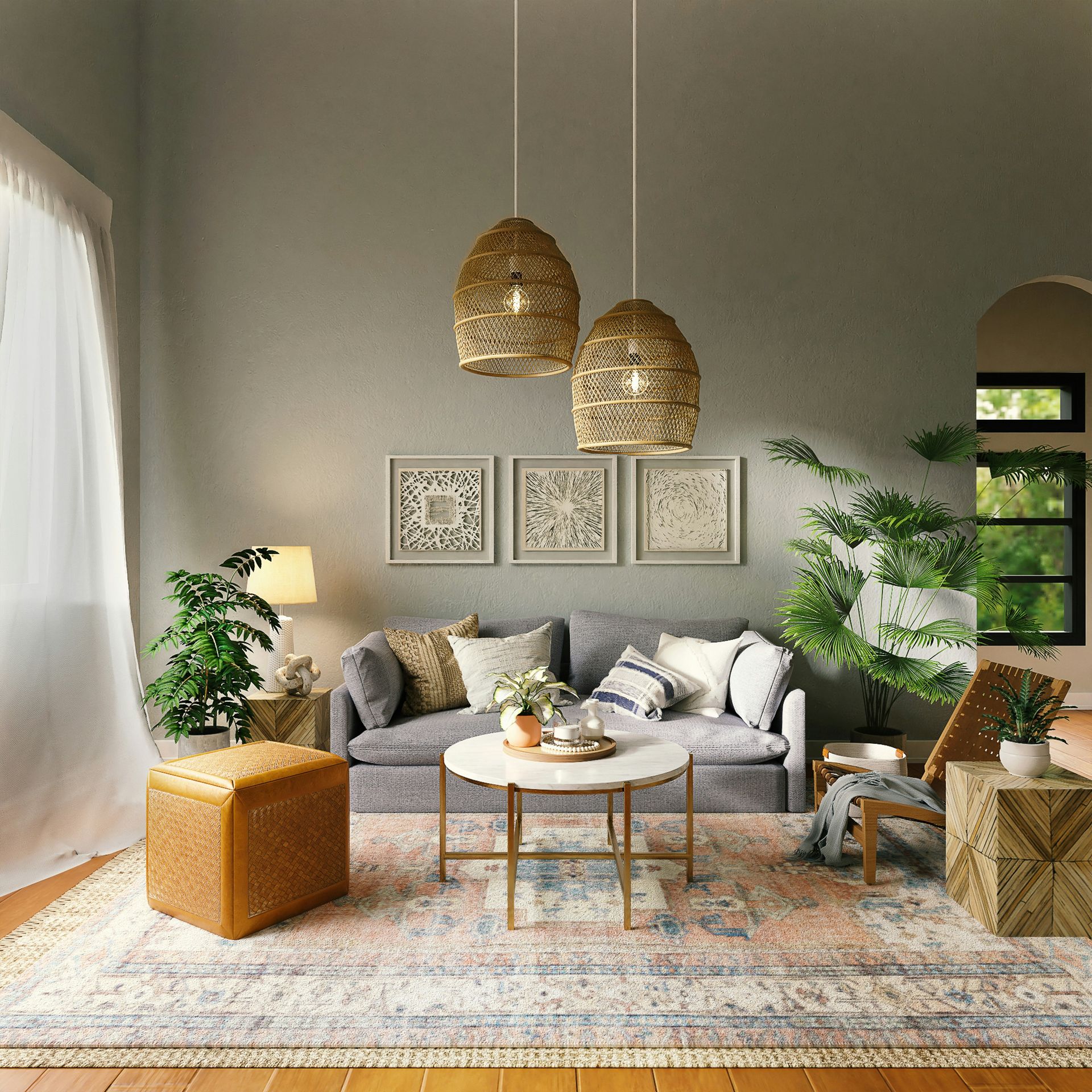 A grey sofa with patterned pillows in a living room with woven pendant lights